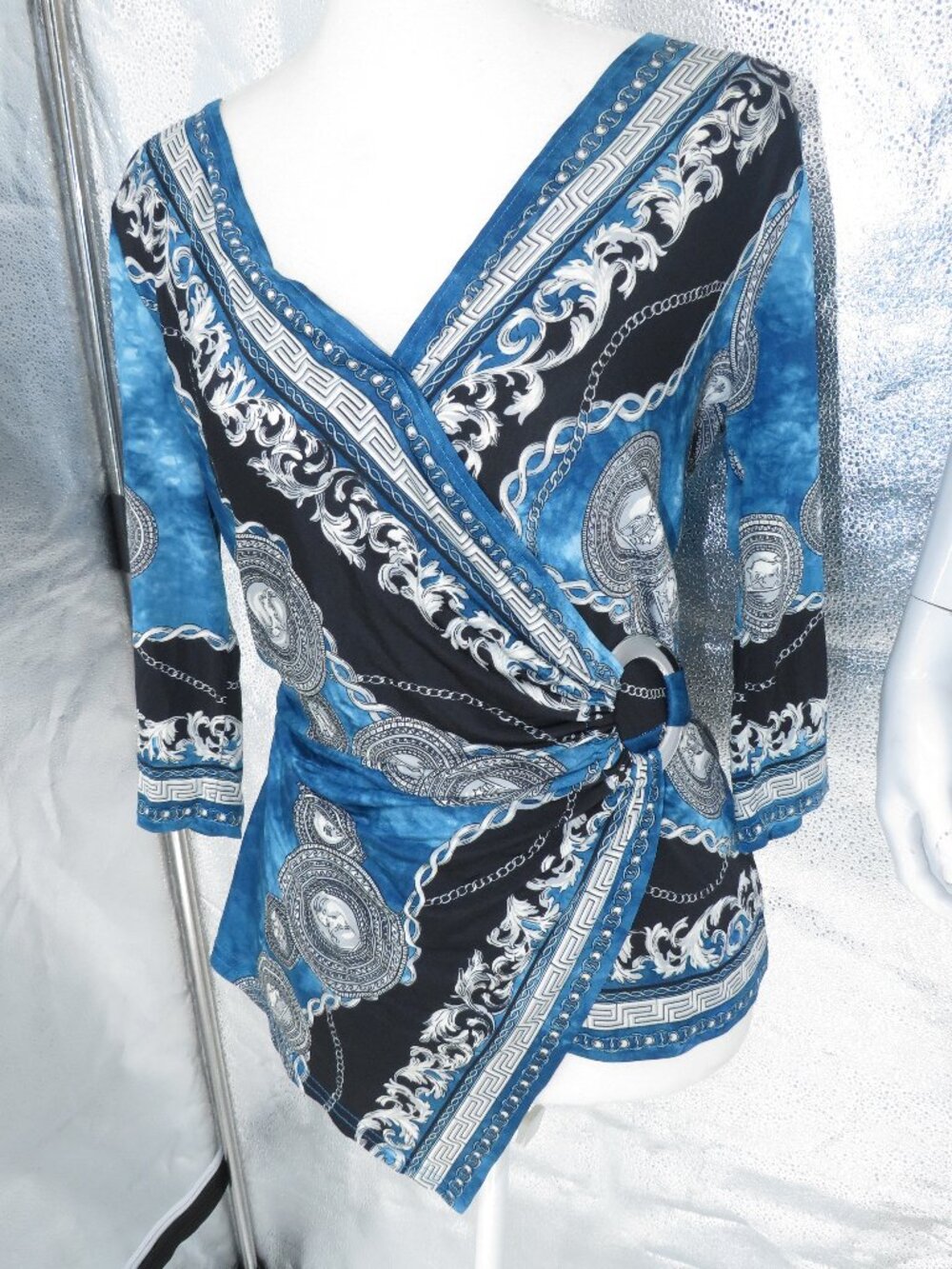 JOSEPH RIBKOFF TUNIC TOP Size 6 Blue Black Baroque Chain Print Faux Wrap Blouse